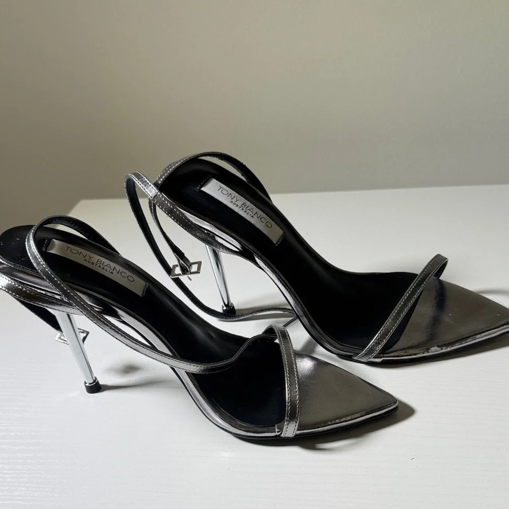 Tony Bianco Metallic Silver Stiletto Slingback Heels - Picture 9 of 12